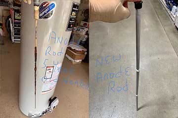 Your water heater's anode rod should be replaced (right) every 3-5 years depending on how hard your water is. Once the anode rod is gone (left), the tank is next.